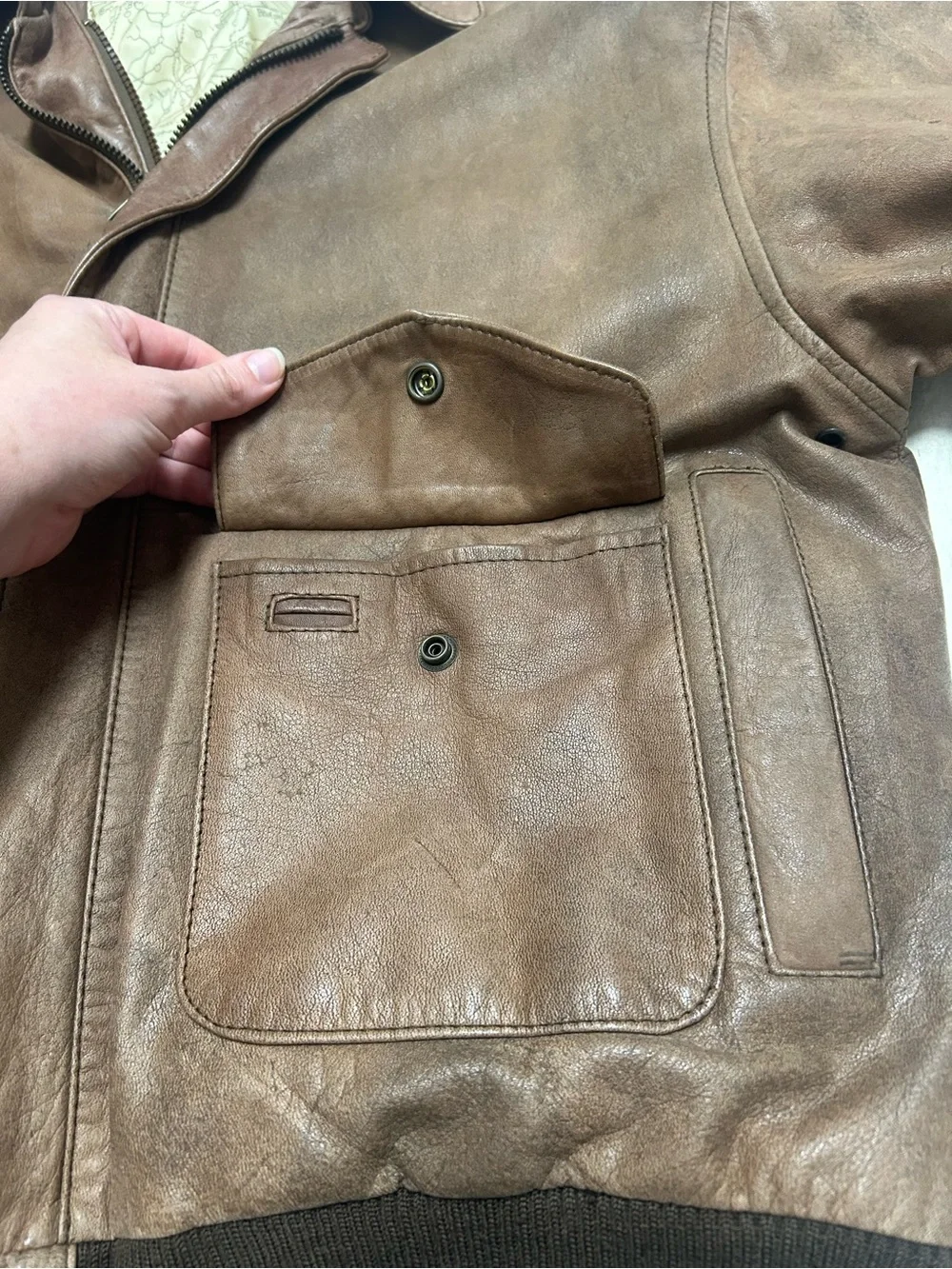 Vintage Leather Bomber Jacket Double Zip New Zealand Opossum Lined Aviator